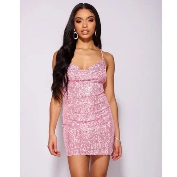 Pink Sequins Sleeveless Cowl Neck Open Back Backless Bodycon Mini Dress - Picture 10 of 16